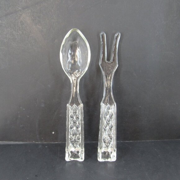 Vintage Anchor Hocking Wexford Pressed Glass Diamond Pattern Salad Serving Set - Picture 1 of 6